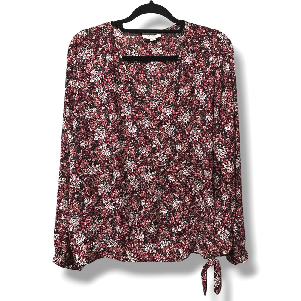 Loft Ditsy Floral Surplice Side-Tie V-Neck Blouse Top Red L Cottagecore Romantic